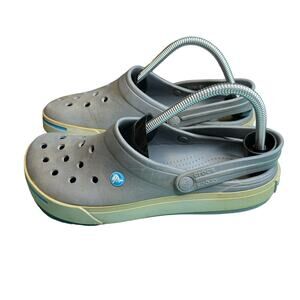 Crocs Classic Crocband II Gray & Blue Strip Slide On Clogs Men Sz 9 Women Sz 11